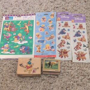 Vintage Disney Winnie the Pooh Stickers and Wooden Stamps Stationary Crafts